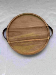 Round Acacia Wood Serving Tray with Leather Handles